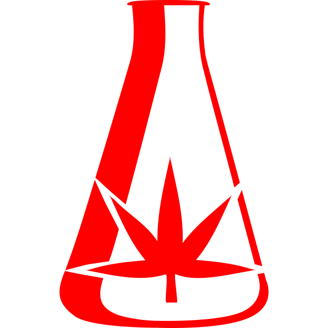A red flask with a cannabis leaf